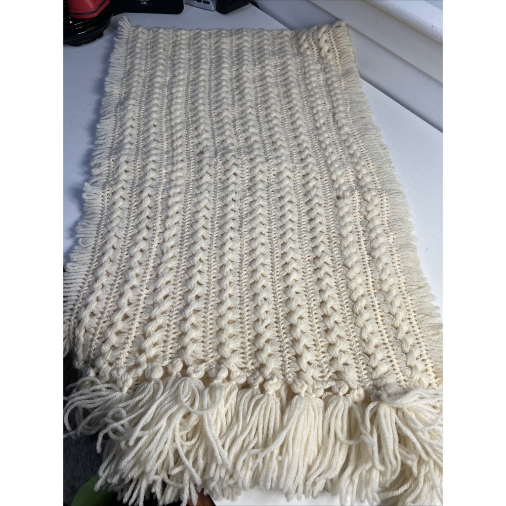 Vintage 60"/17 " Off White / Ivory Crocheted BOHO Fringed Shawl / Wrap‎